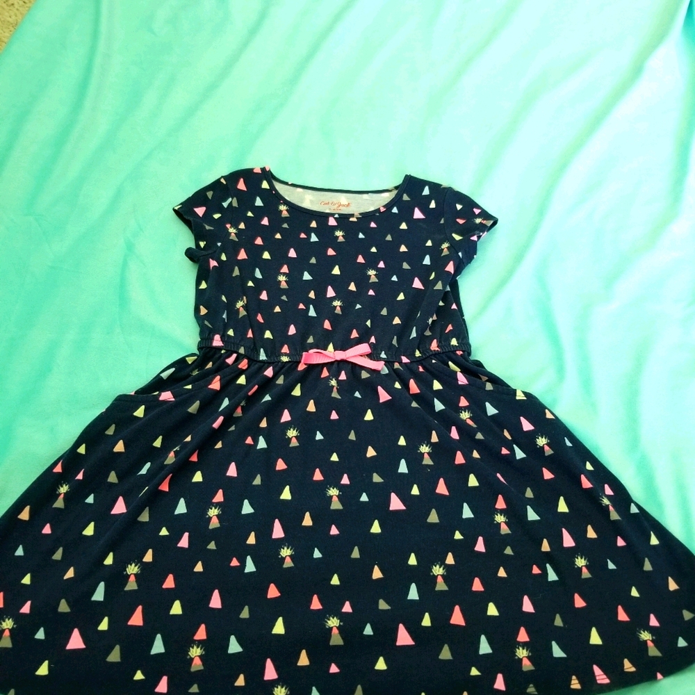 Girls Navy Geometric Volcano Knit Dress w/ pockets